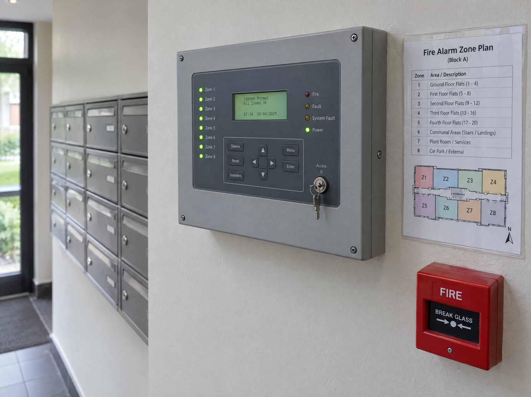 Fire alarm control panel and manual call point in the entrance lobby of a block of flats