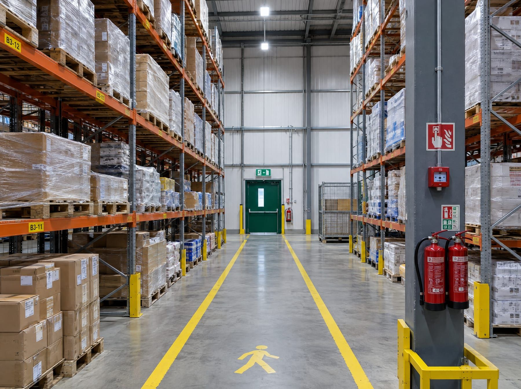 Warehouse racking with a marked walkway to a fire exit