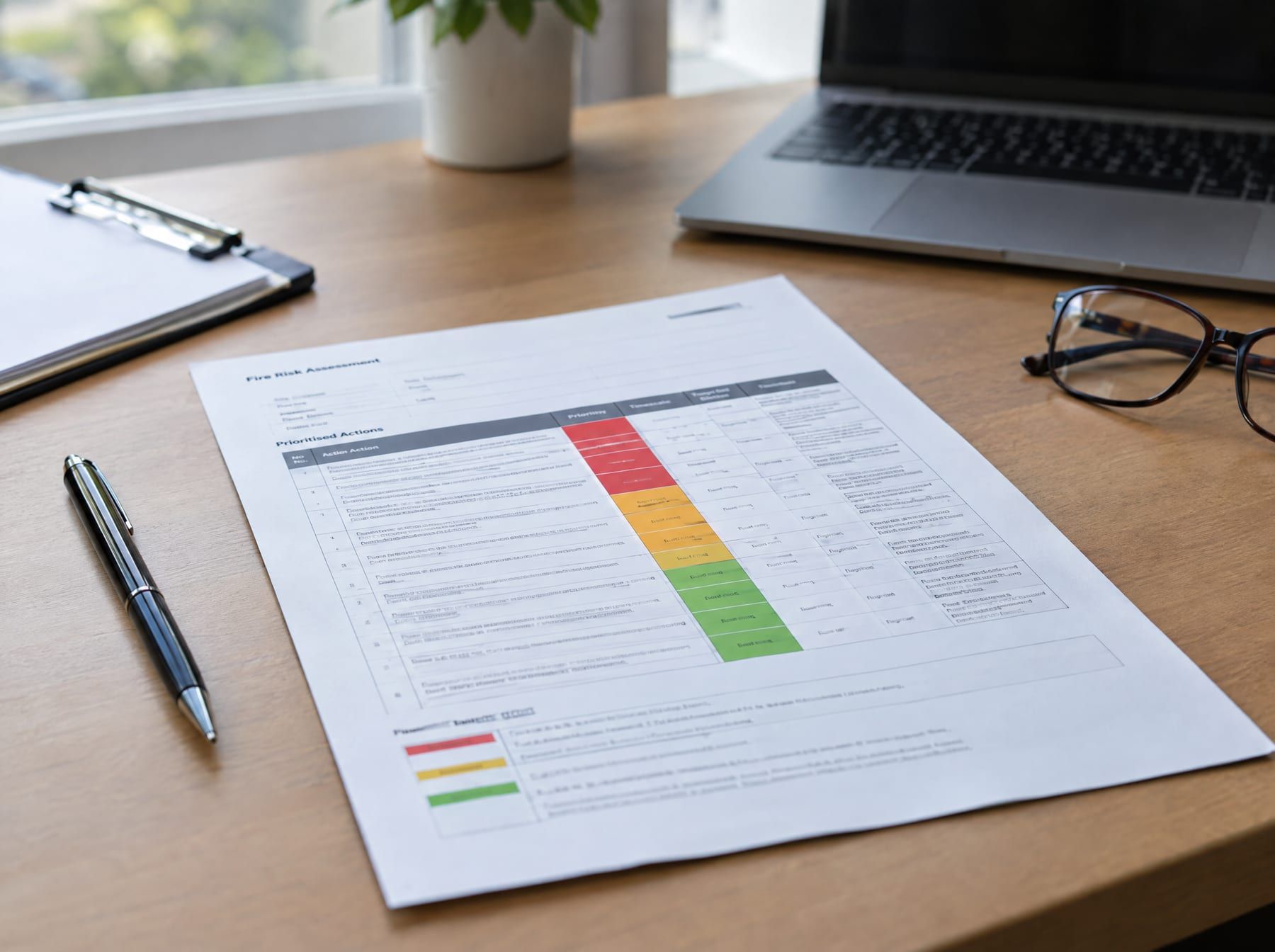 Printed fire risk assessment report with prioritised actions