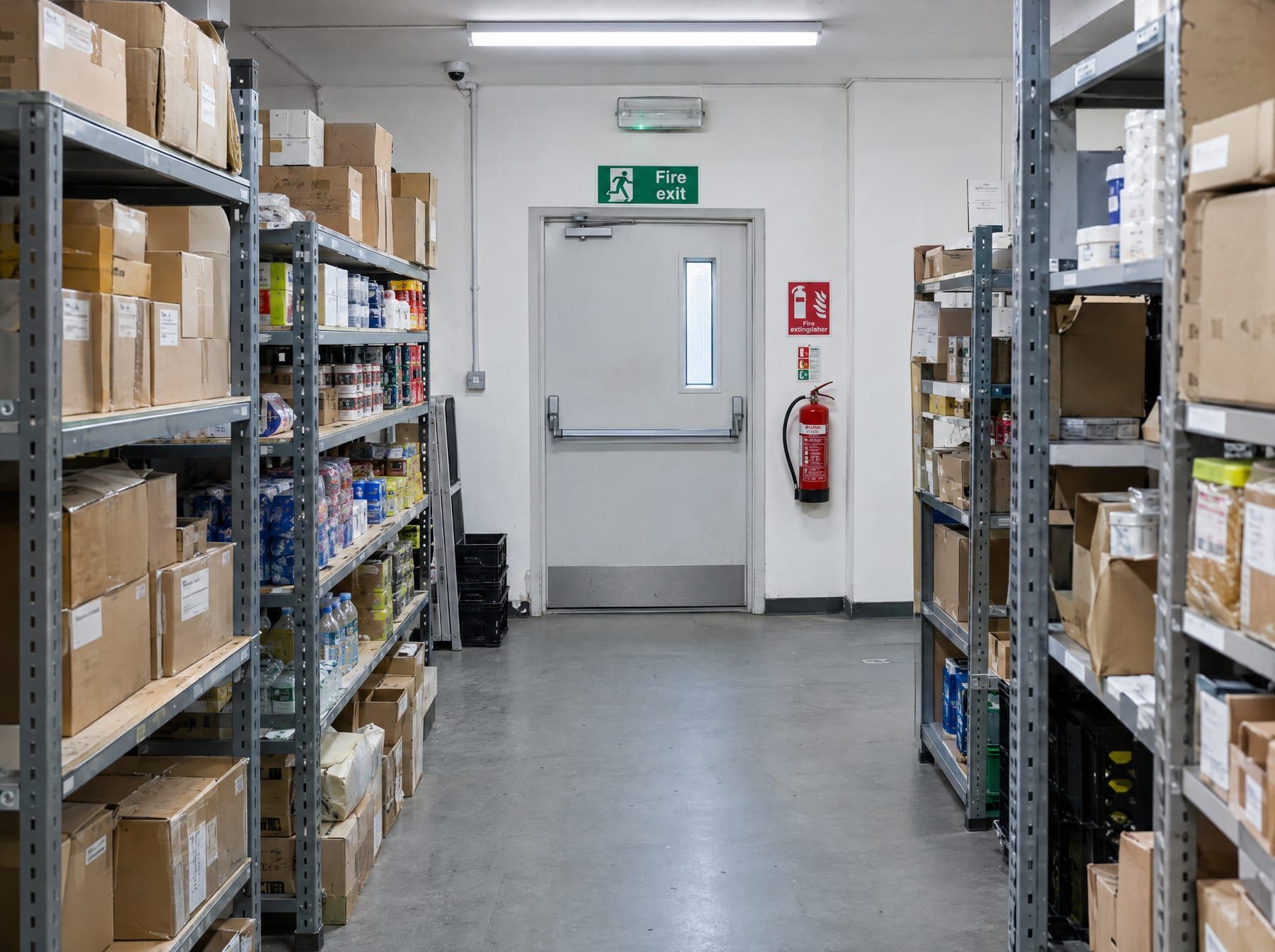 Shop stockroom with a clear route to a fire exit door